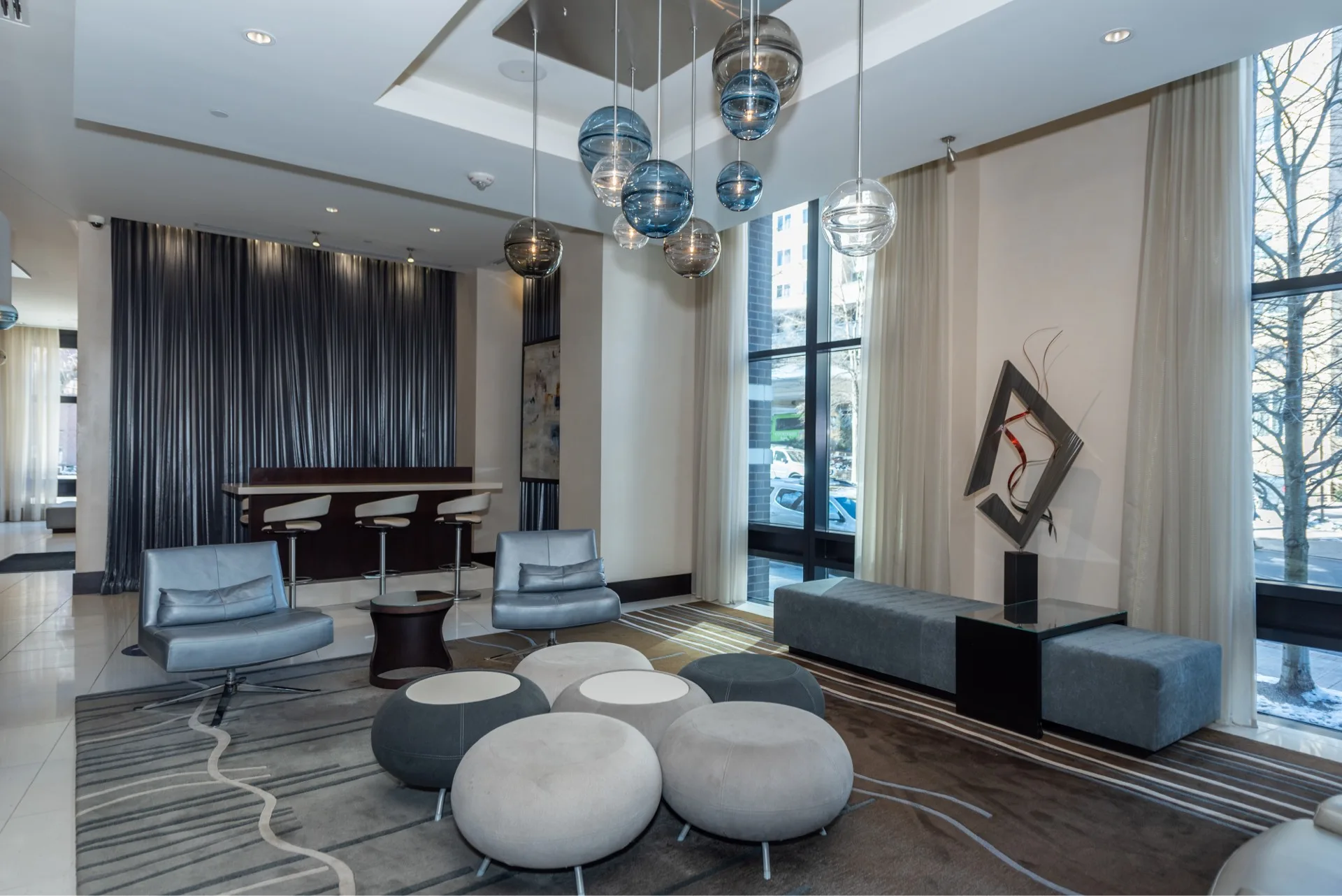 Slate lobby with chairs and tables