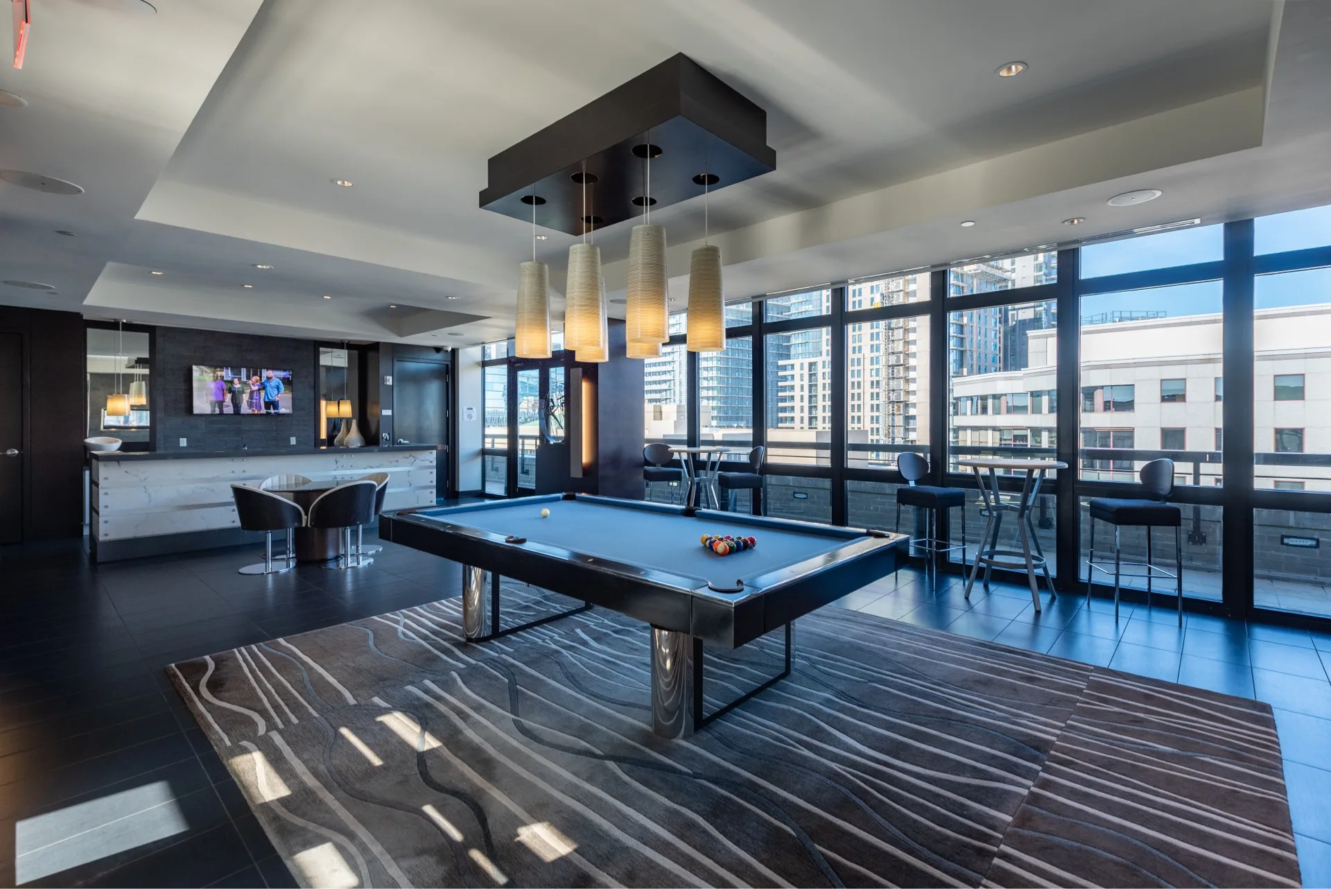 Pool table in rooftop lounge side view