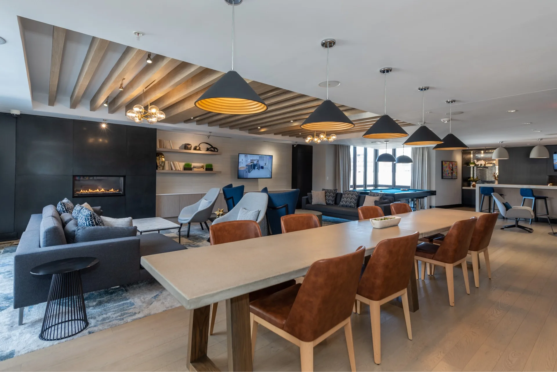 Lounge with view of well lit workspace