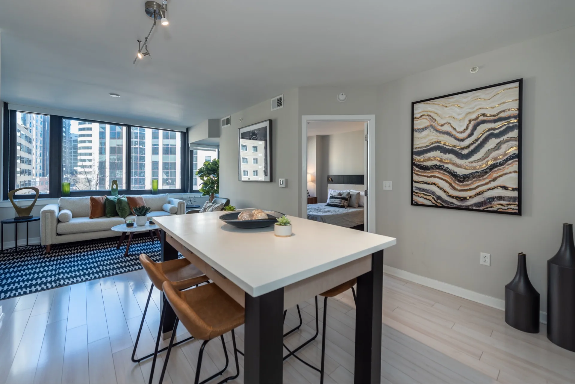 Light modern styling in kitchen and living room