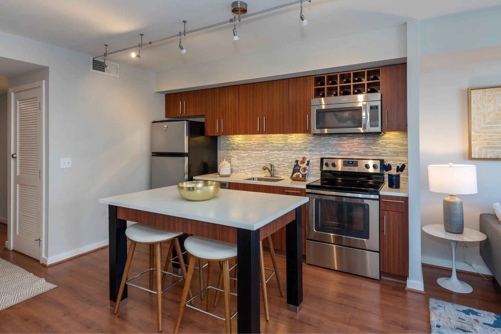 Stainless steel appliances and designer cabinets